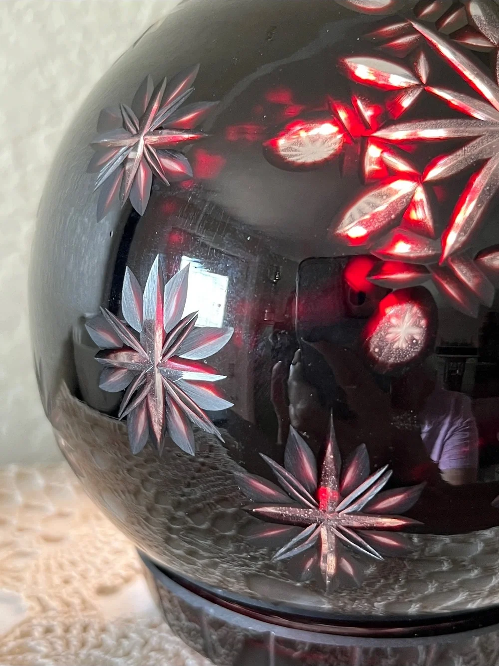 Bohemian Czech Ruby Cut to Clear Crystal Covered Globe Candle Holder 5”